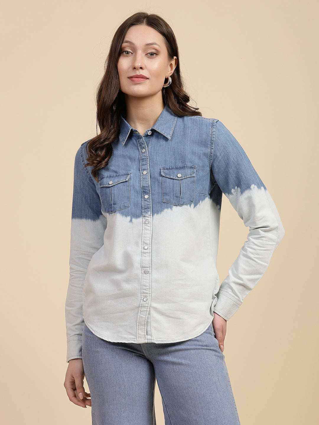 Shop Women Solid Denim Shirt Online.