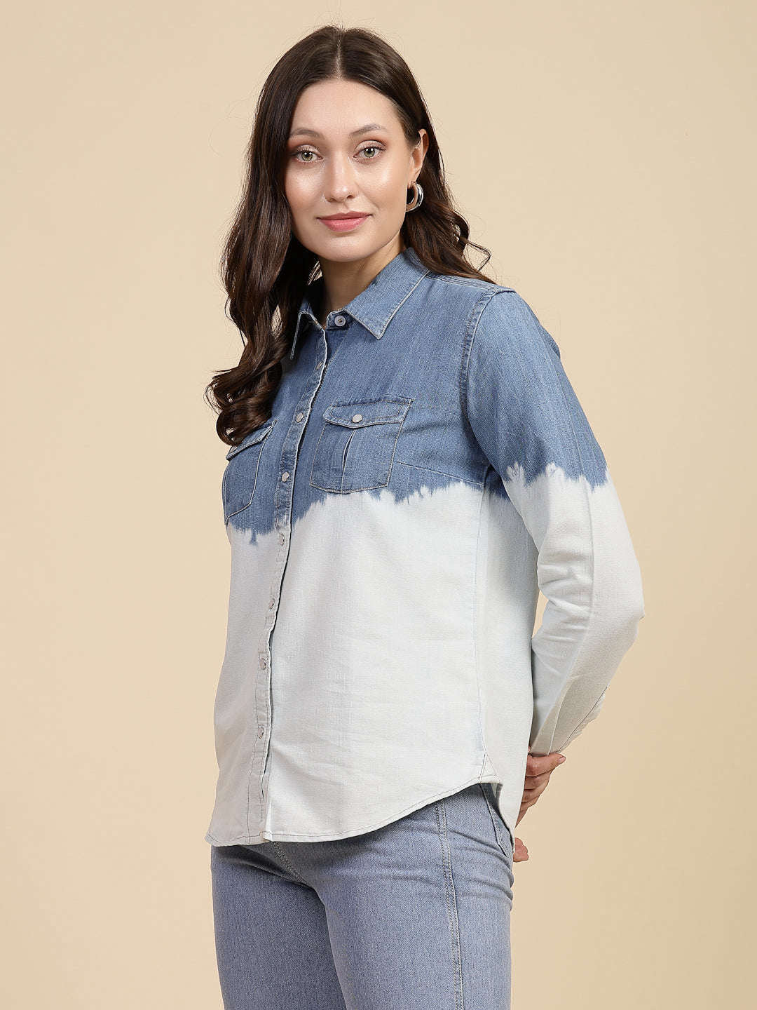 Shop Women Solid Denim Shirt Online.