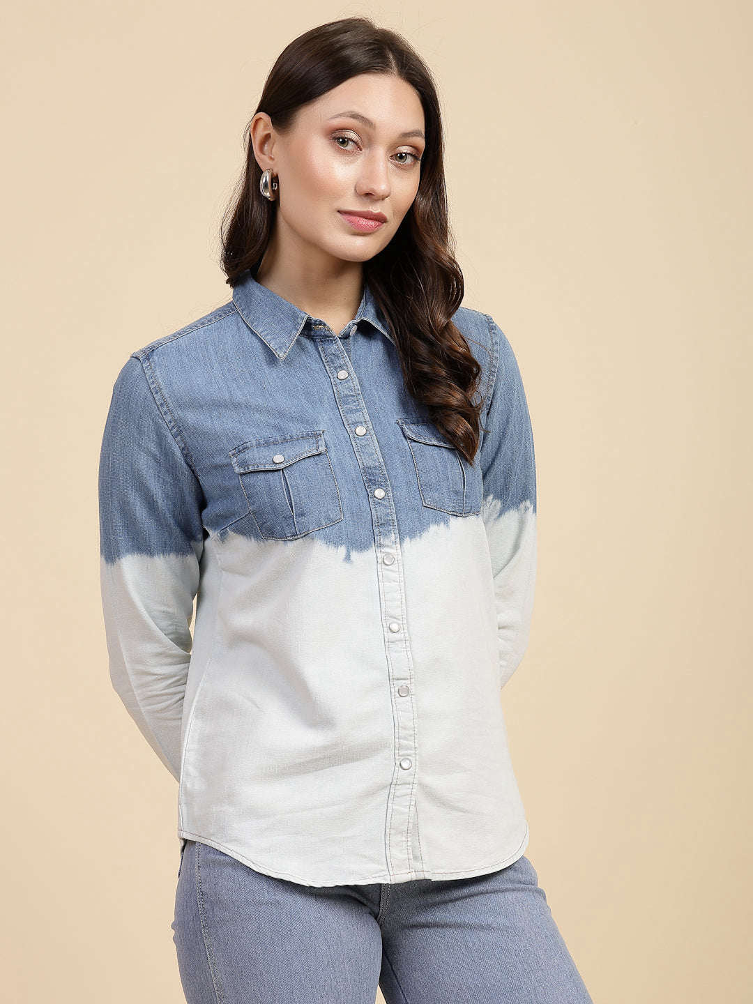 Shop Women Solid Denim Shirt Online.