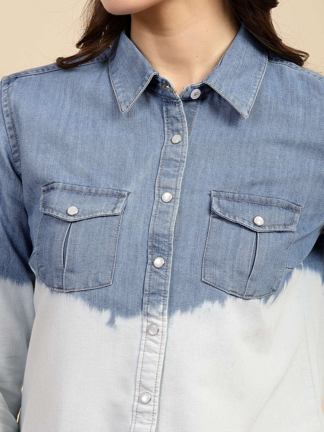 Shop Women Solid Denim Shirt Online.