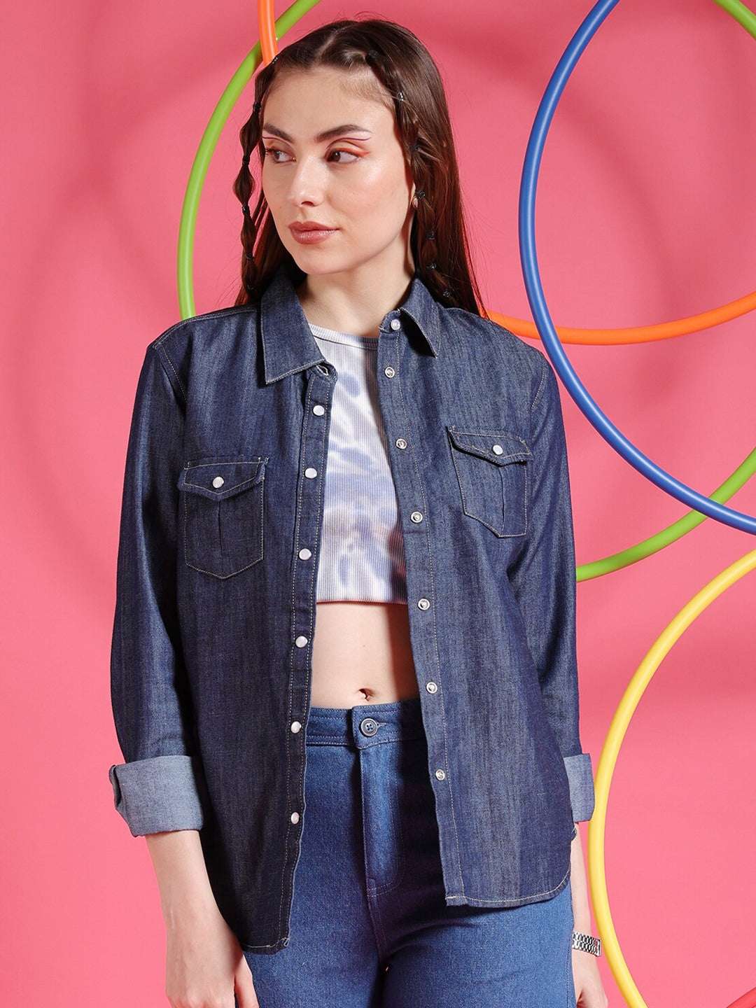 Shop Women Medium Wash Denim Shirt Online.