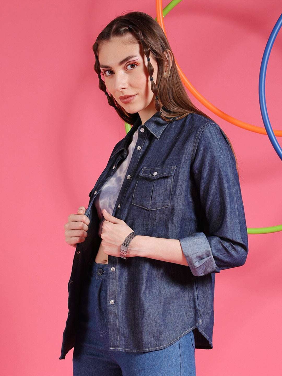 Shop Women Medium Wash Denim Shirt Online.