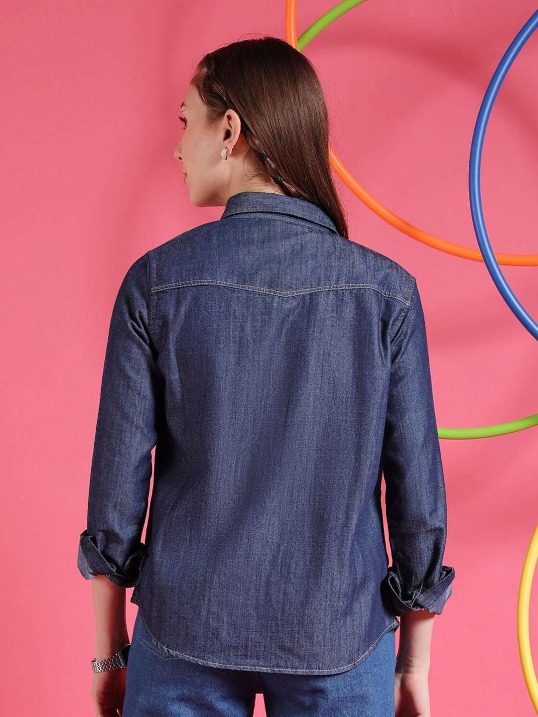 Shop Women Medium Wash Denim Shirt Online.