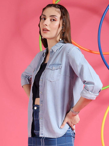 Shop Women Medium Wash Denim Shirt Online.
