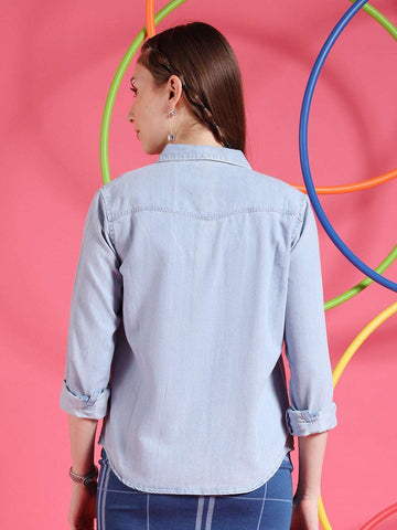 Shop Women Medium Wash Denim Shirt Online.