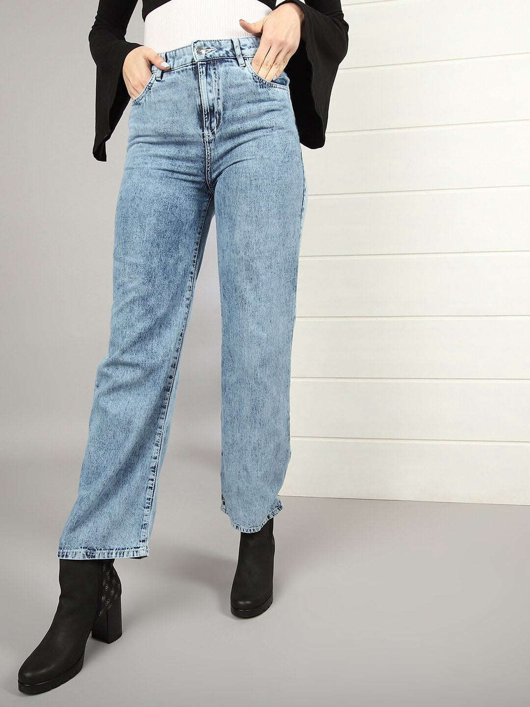 Shop Women 2 Tone Denim Wide Leg Jeans Online.