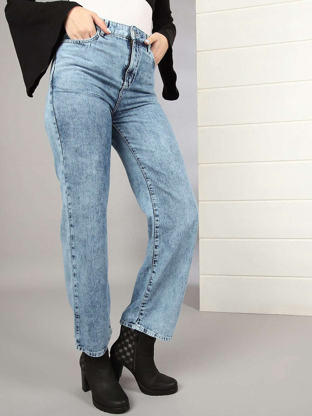 Shop Women 2 Tone Denim Wide Leg Jeans Online.