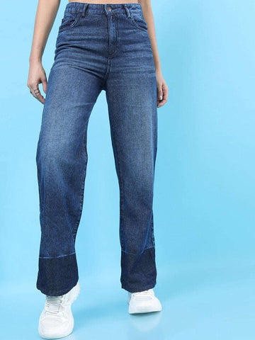 Shop Women 2 Tone Denim Wide Leg Jeans Online.