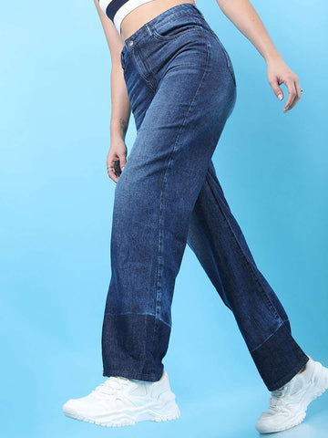 Shop Women 2 Tone Denim Wide Leg Jeans Online.