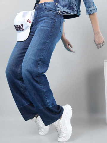 Shop Women 2 Tone Denim Wide Leg Jeans Online.