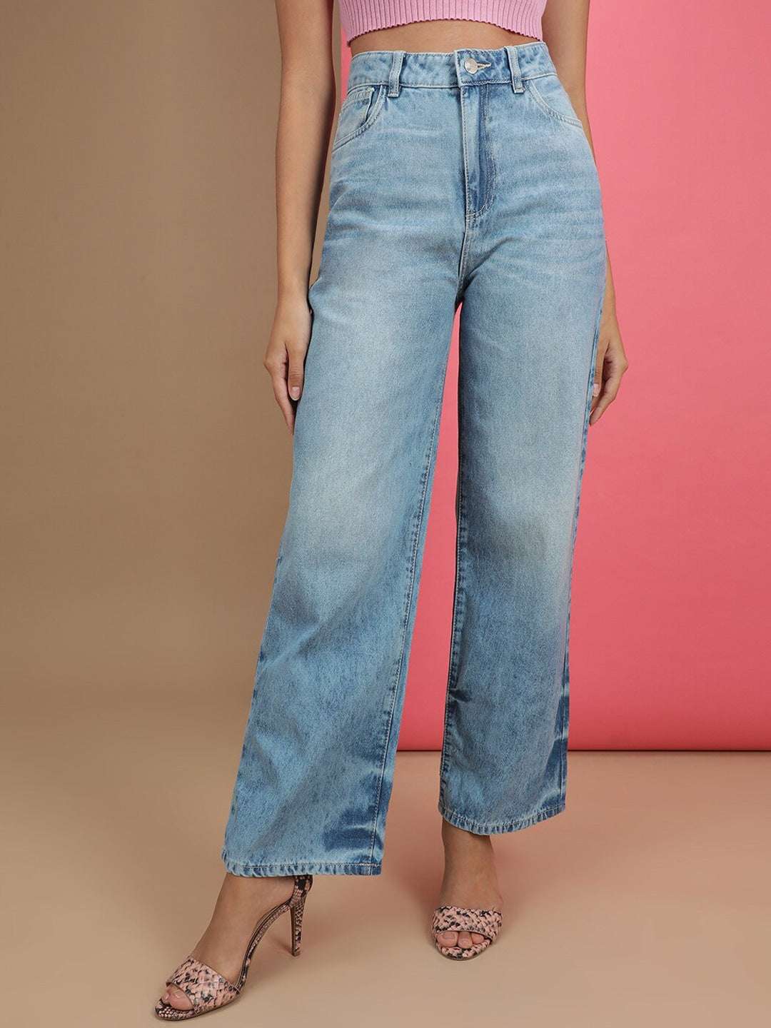 Shop Women 2 Tone Denim Wide Leg Jeans Online.