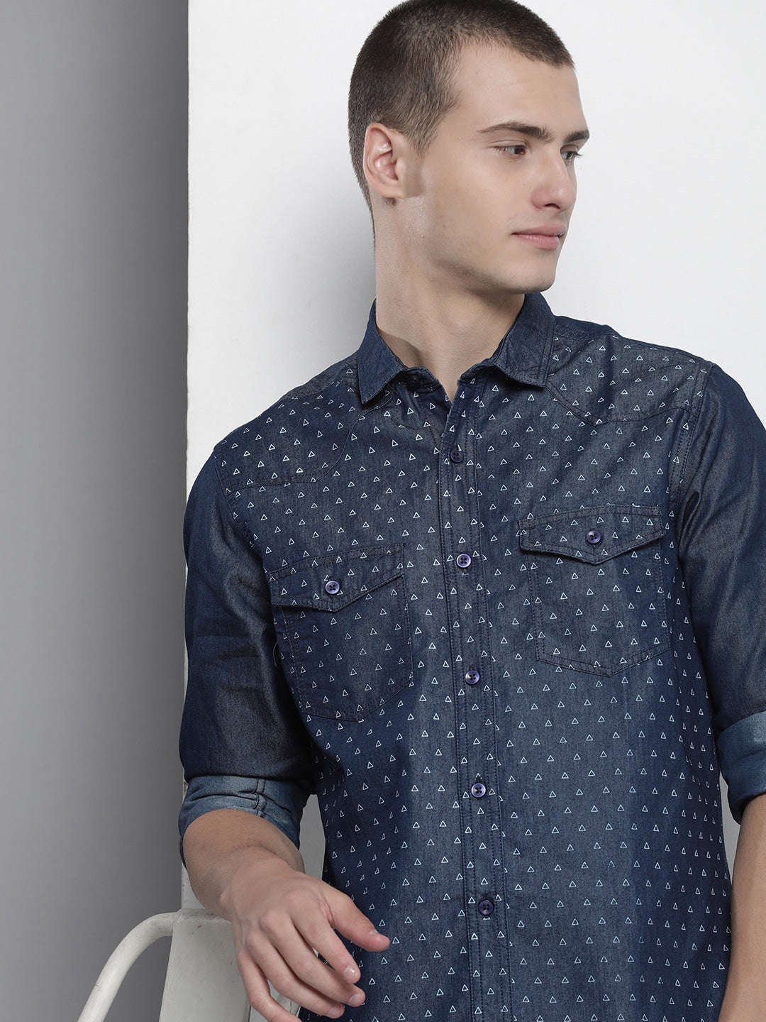 Shop Men Printed Denim Shirt Online.