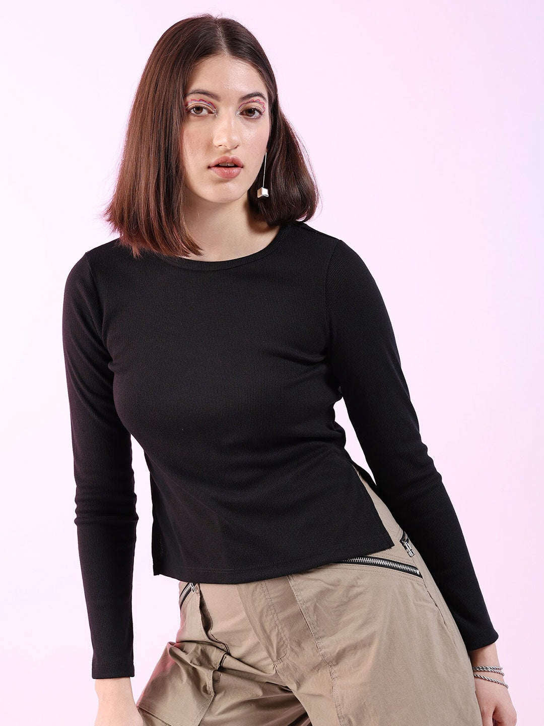 Shop Women Fitted Full Sleeve Rib Top Online.