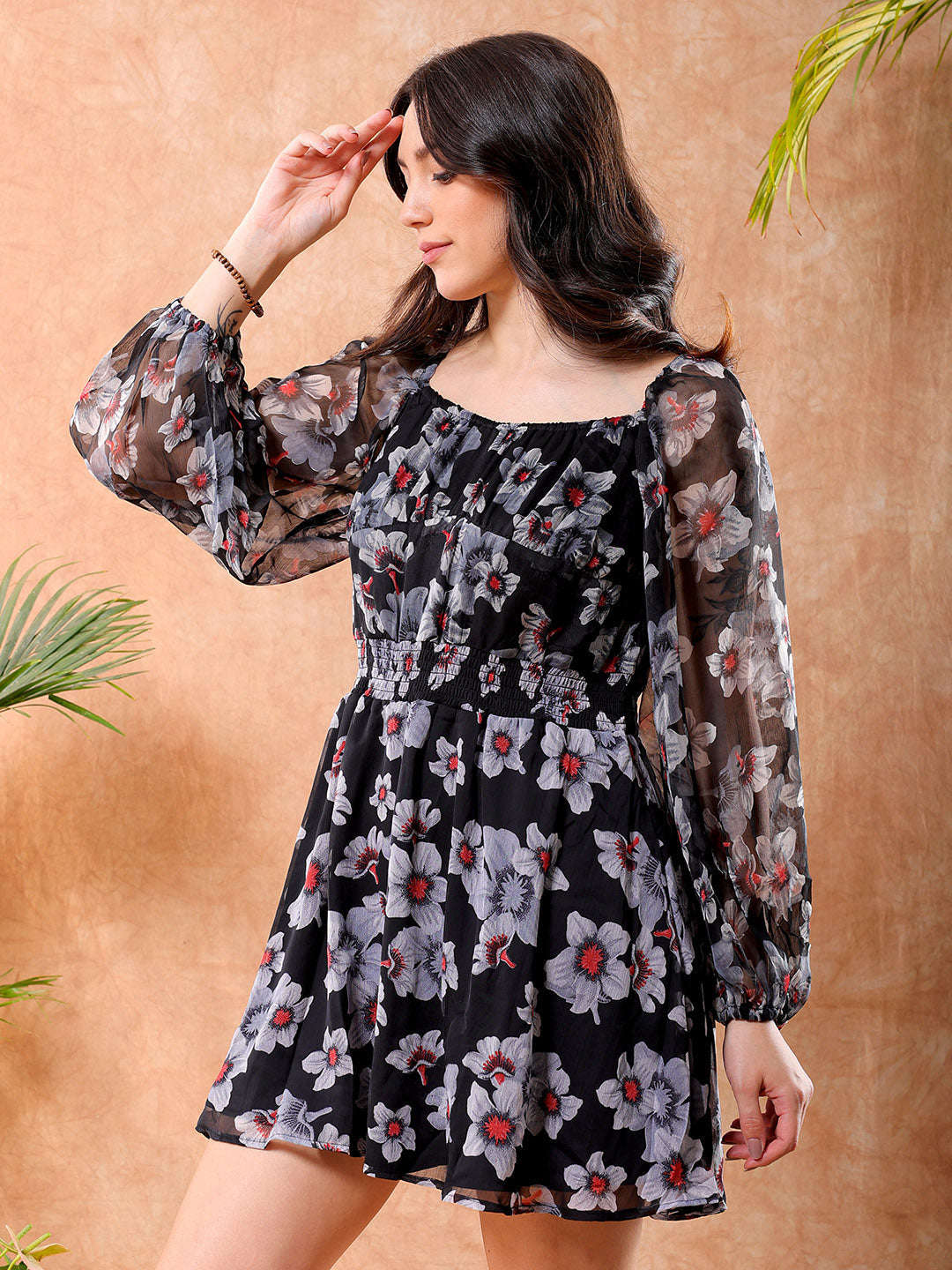 Shop Freehand Women Black Fit and Flare Floral Scoop Neck Mini Dress Online.