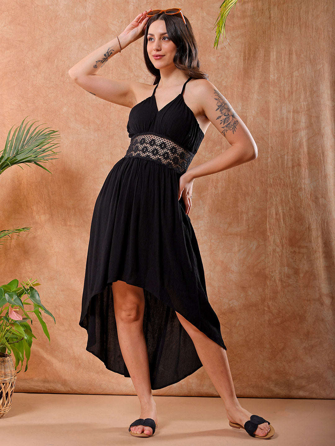 Shop Freehand Women Black Fit And Flare Solid V-Neck Maxi Dress Online.