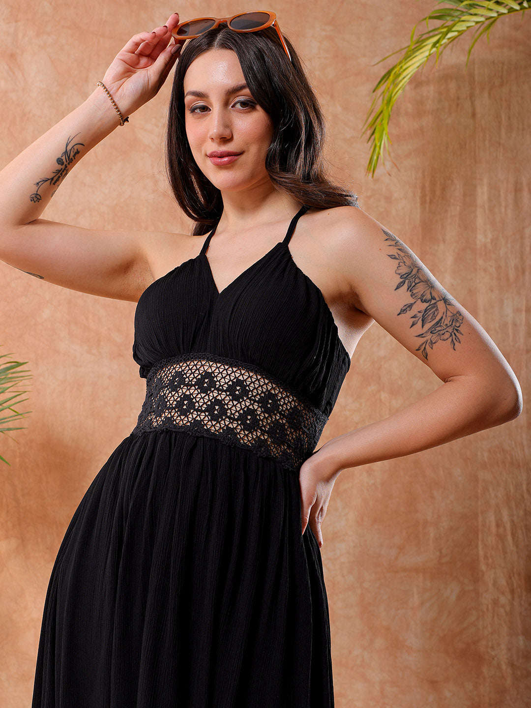 Shop Freehand Women Black Fit And Flare Solid V-Neck Maxi Dress Online.