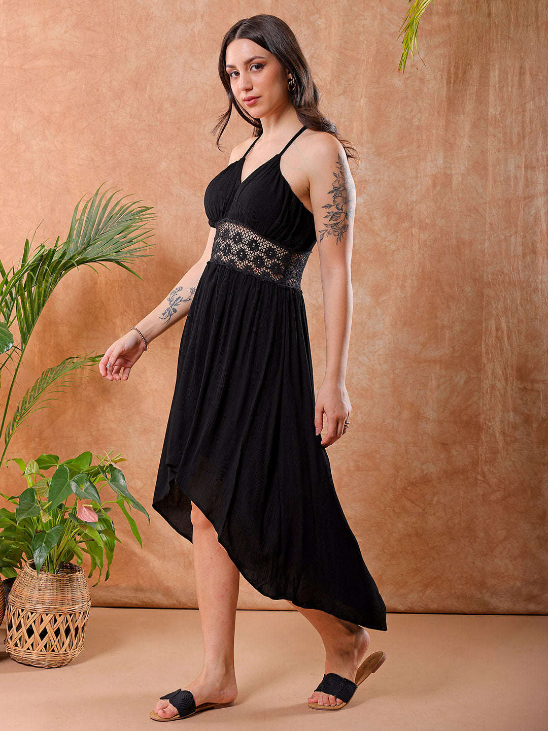 Shop Freehand Women Black Fit And Flare Solid V-Neck Maxi Dress Online.