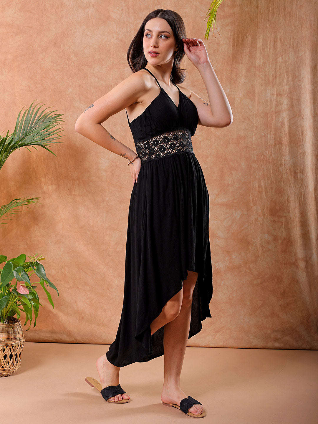 Shop Freehand Women Black Fit And Flare Solid V-Neck Maxi Dress Online.