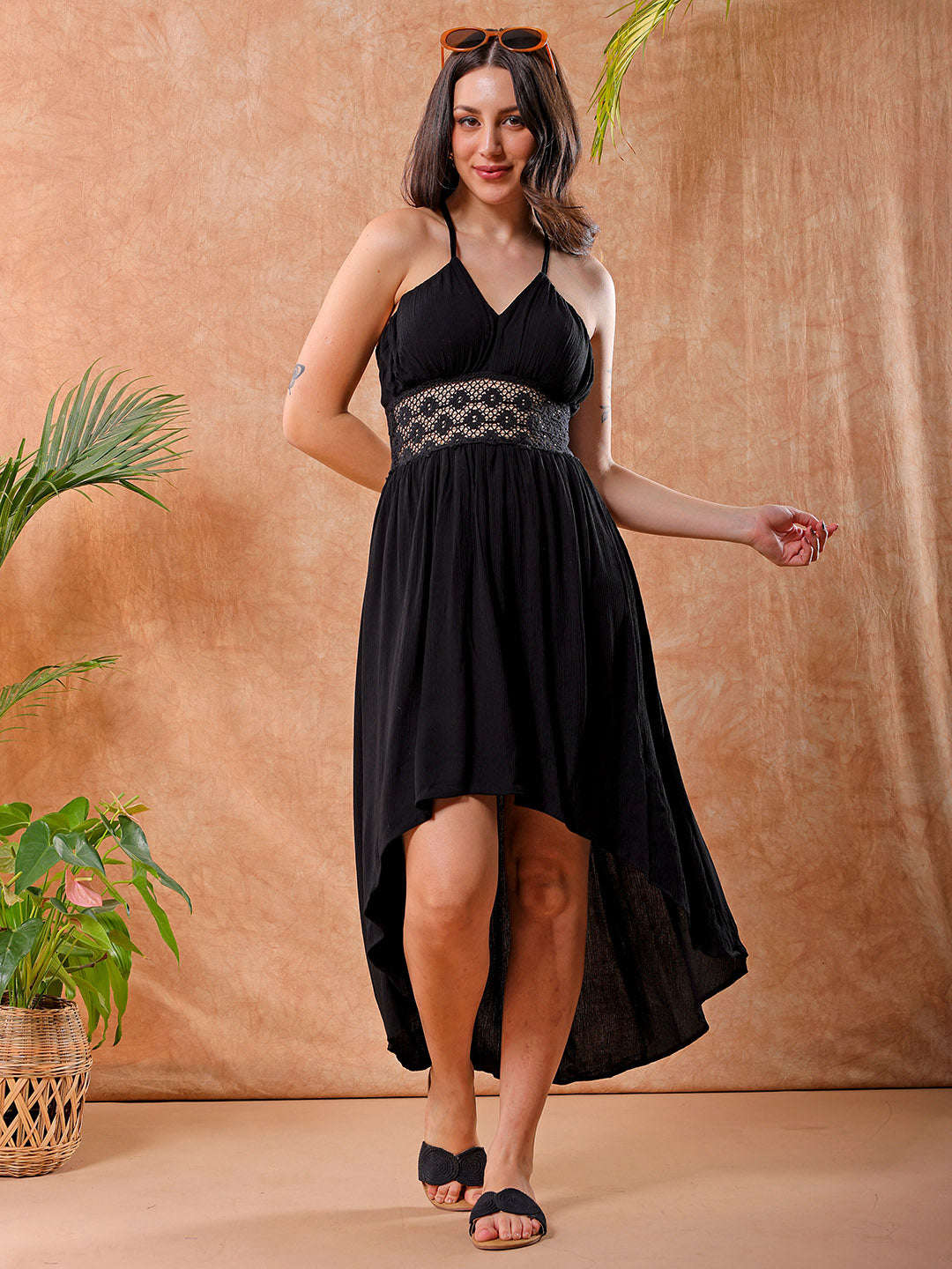 Shop Freehand Women Black Fit And Flare Solid V-Neck Maxi Dress Online.