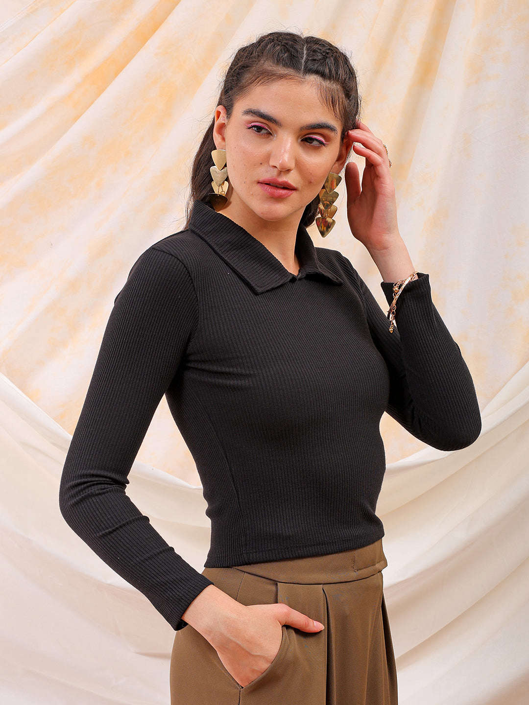 Shop Freehand Women Black Fitted Solid Collared Shirt Style Online.