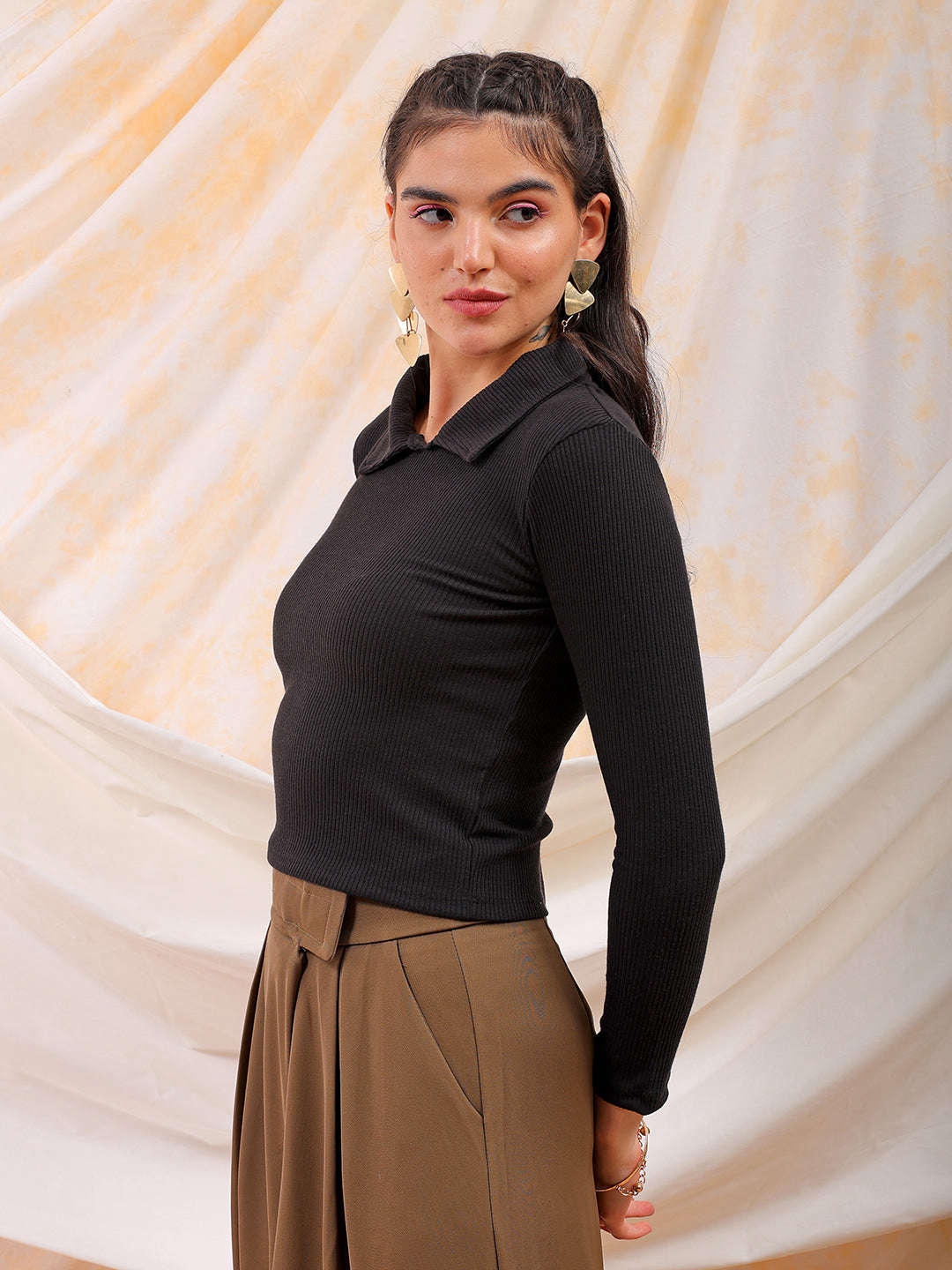 Shop Freehand Women Black Fitted Solid Collared Shirt Style Online.