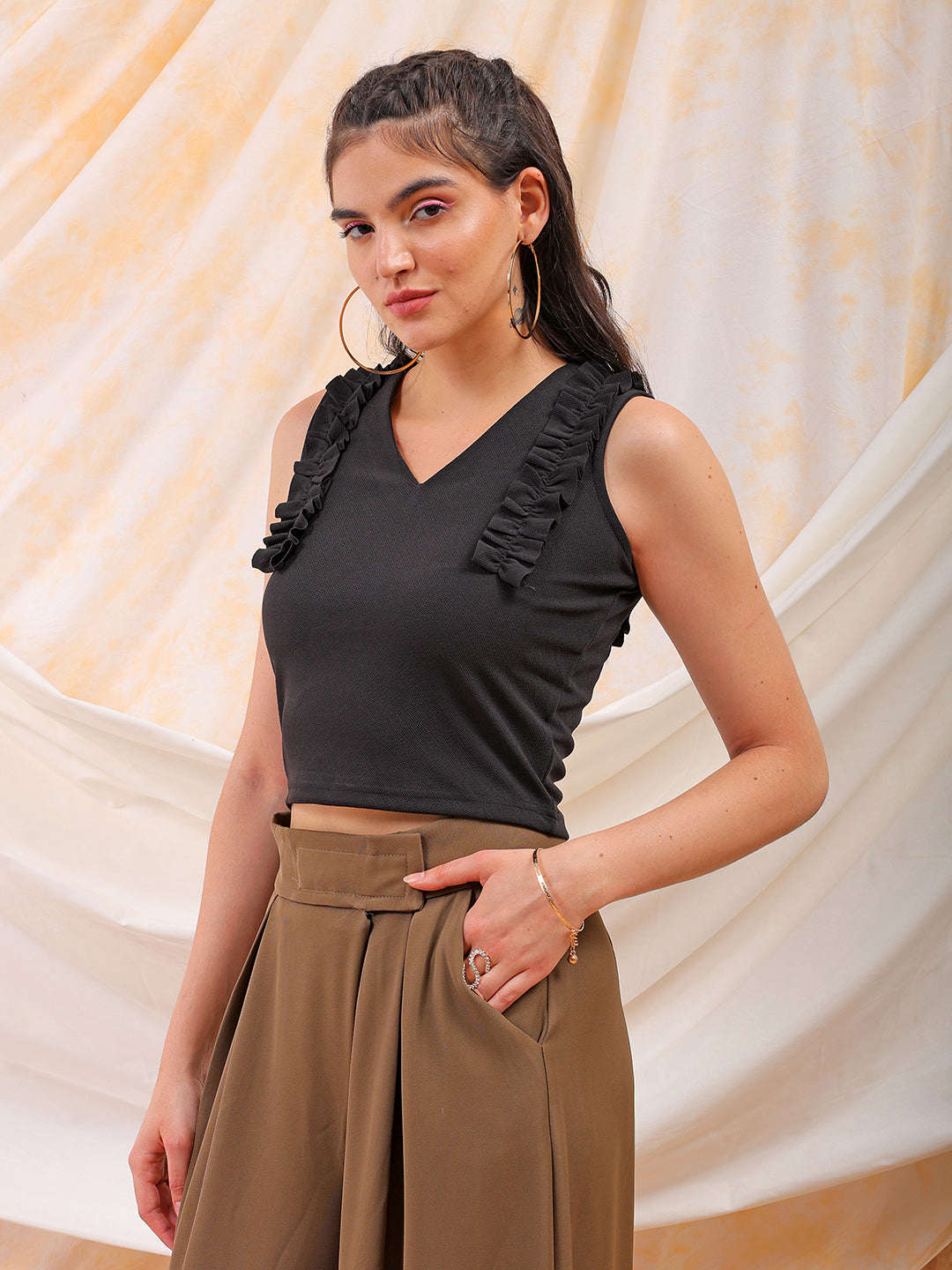 Shop Freehand Women Black Fitted Textured Scoop Neck Ruffle Top Online.