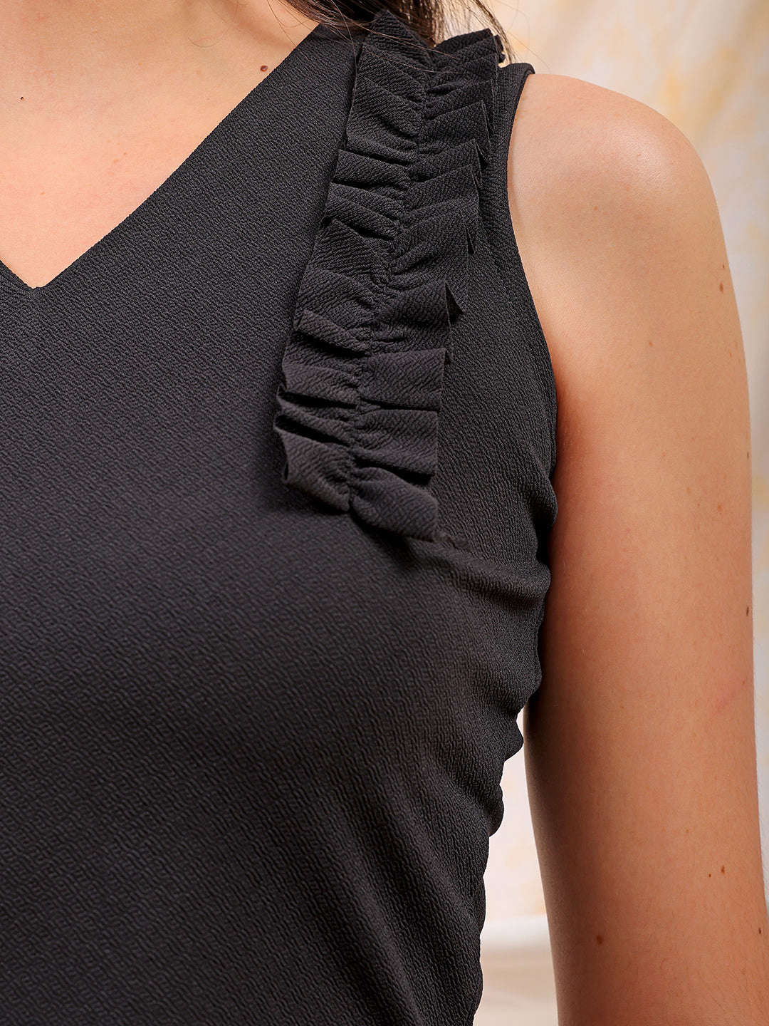 Shop Freehand Women Black Fitted Textured Scoop Neck Ruffle Top Online.