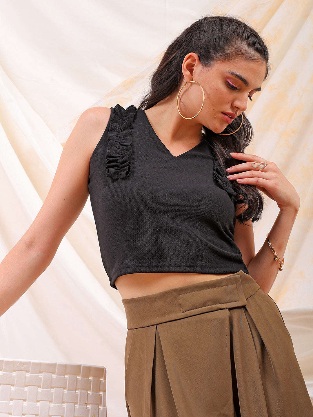 Shop Freehand Women Black Fitted Textured Scoop Neck Ruffle Top Online.