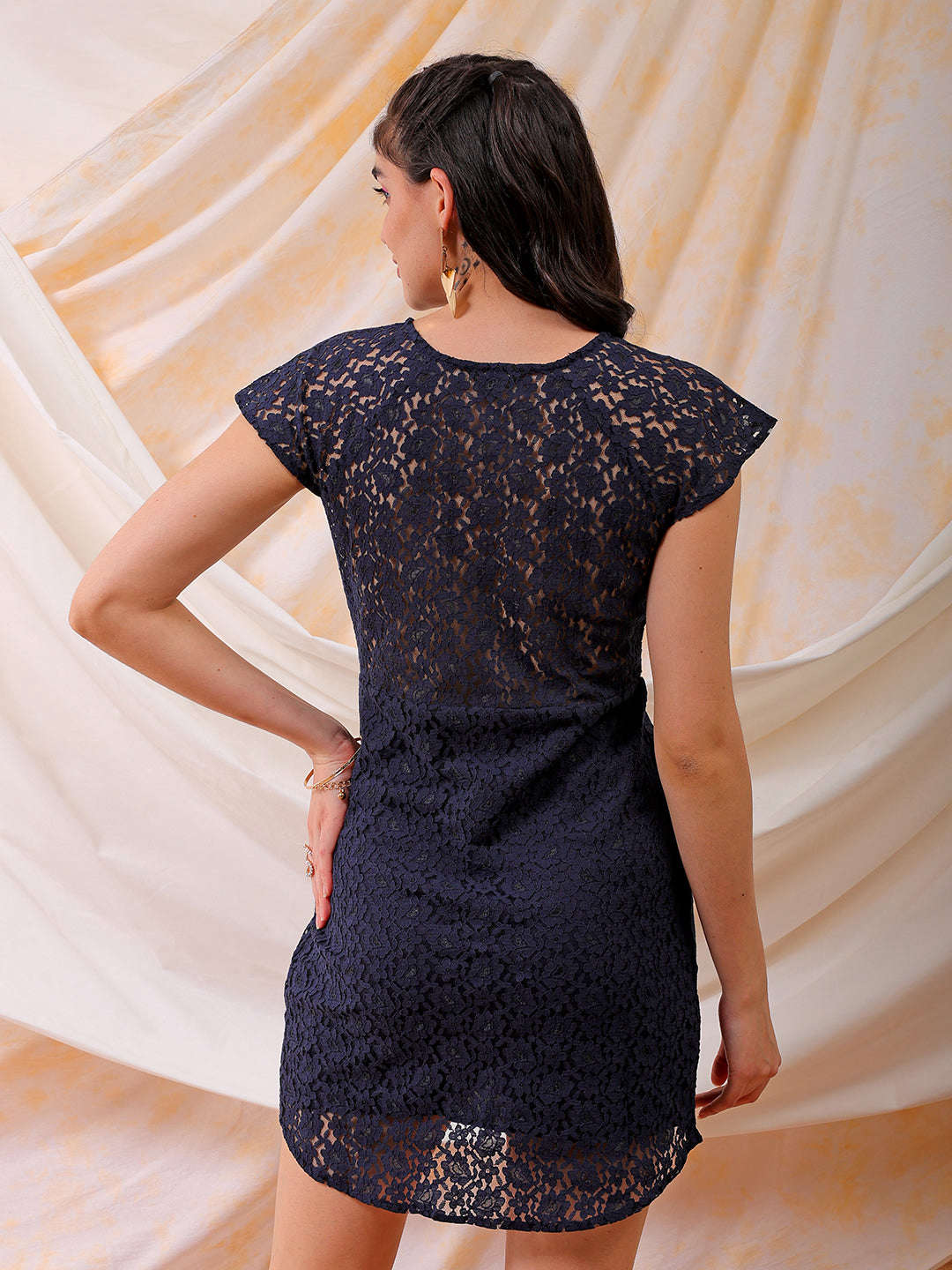 Shop Freehand Women Blue Fitted Lace Round Neck Bodycon Dress Online.