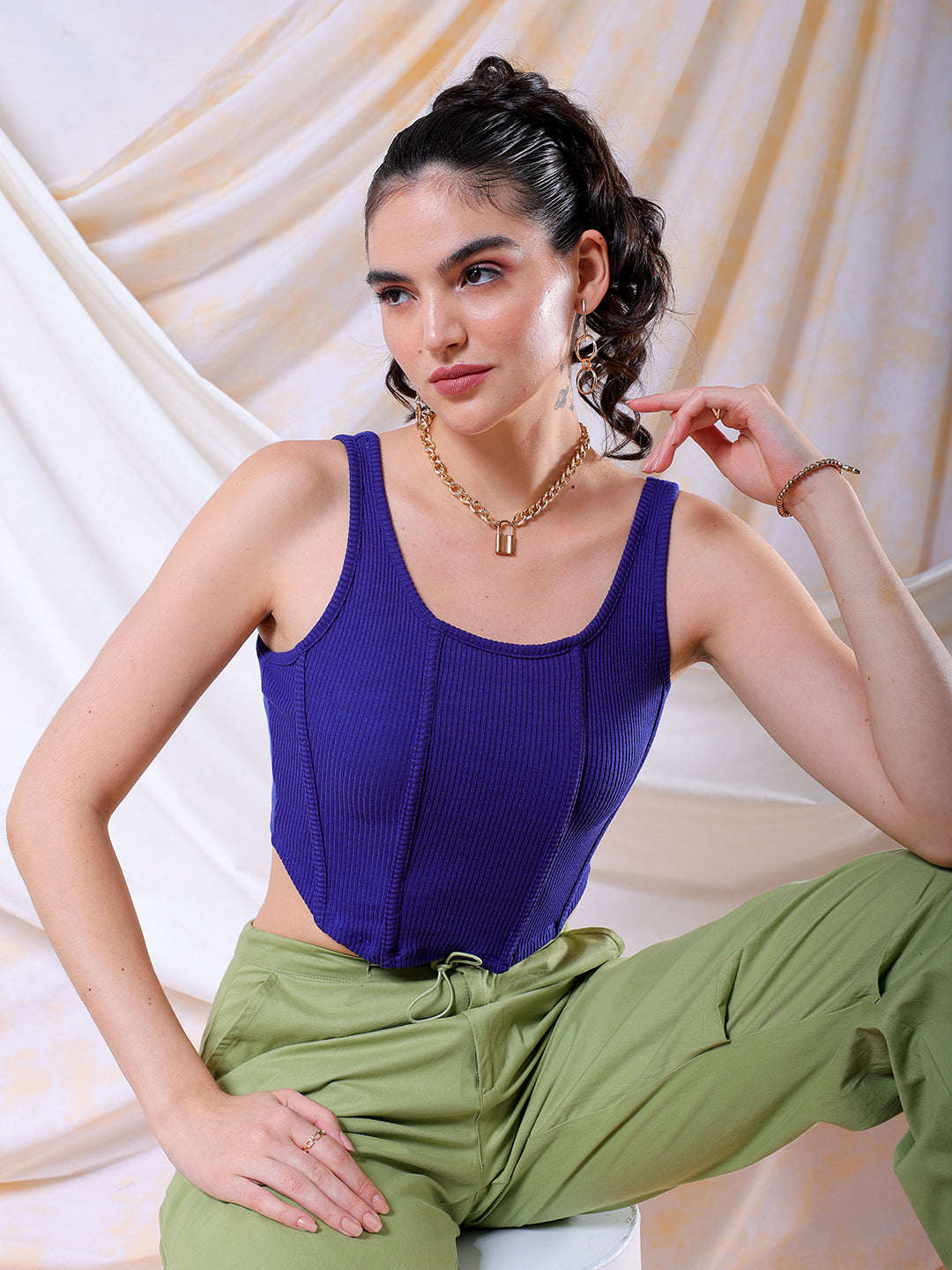 Shop Freehand Women Blue Fitted Solid Square Neck Crop Top Online.