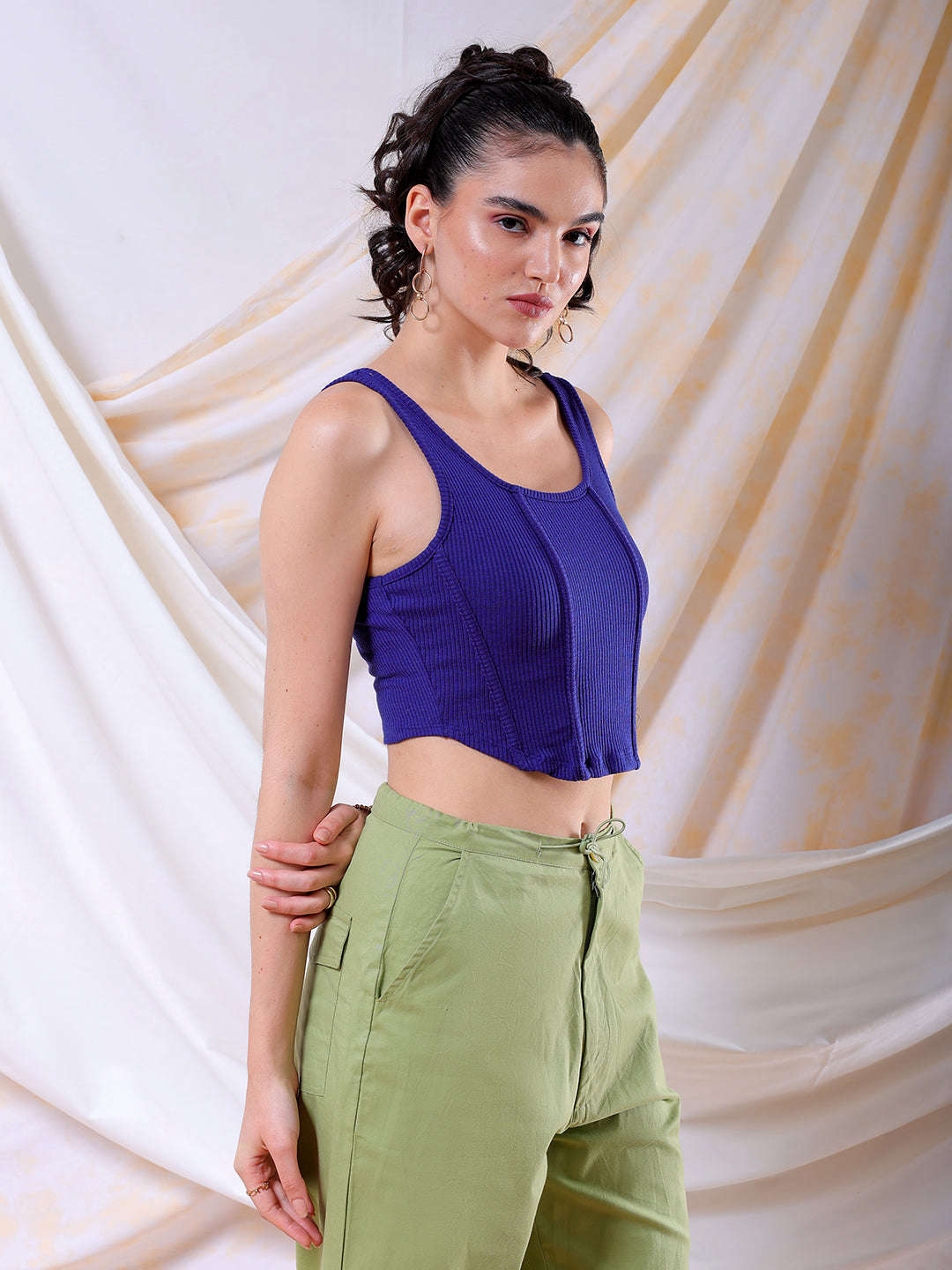 Shop Freehand Women Blue Fitted Solid Square Neck Crop Top Online.