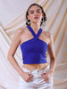 Shop Freehand Women Blue Fitted Solid V-Neck Crop Top Online.