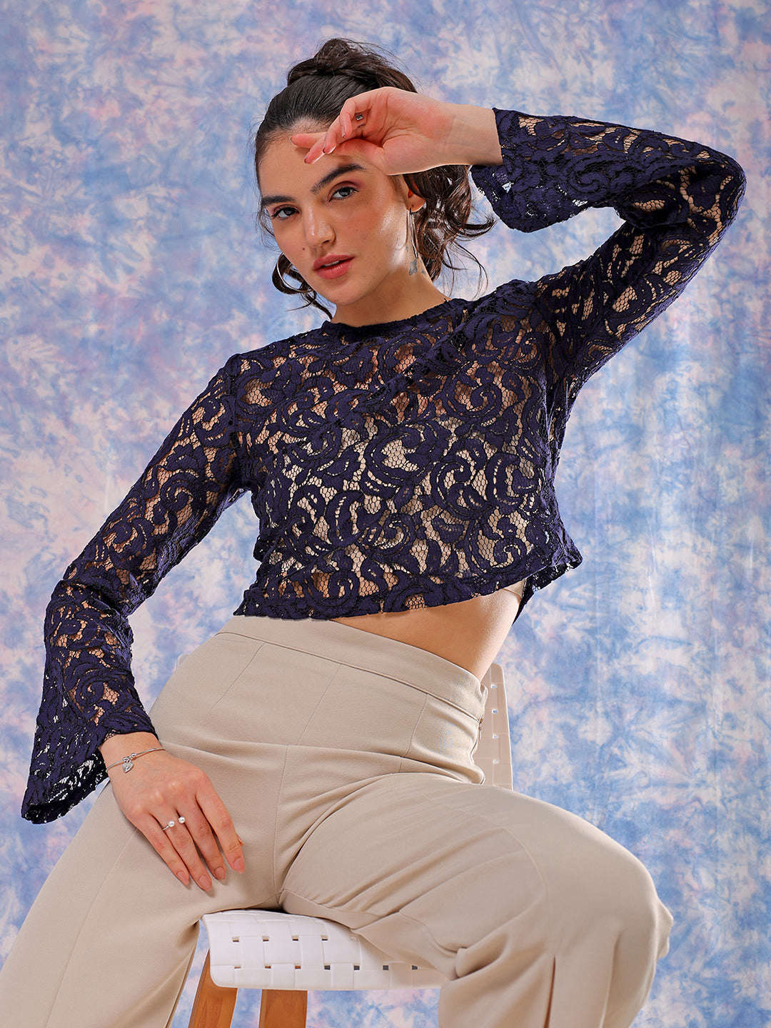 Shop Freehand Women Blue Regular Lace Round Neck Crop Top Online.