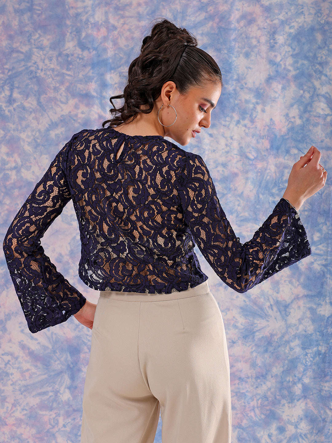 Shop Freehand Women Blue Regular Lace Round Neck Crop Top Online.