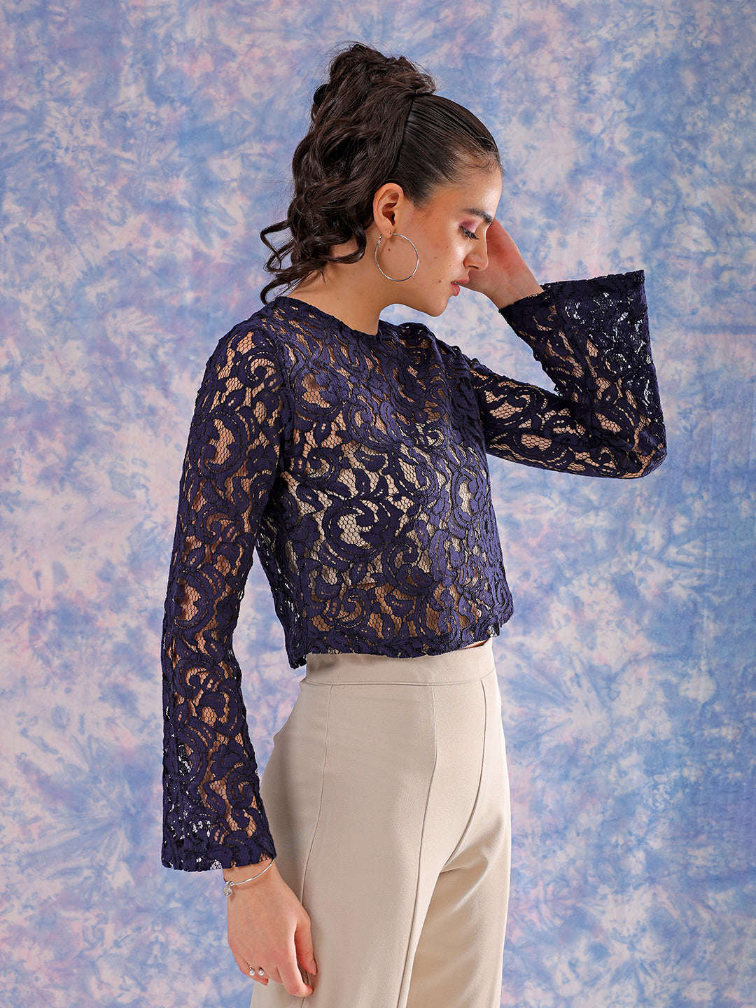 Shop Freehand Women Blue Regular Lace Round Neck Crop Top Online.