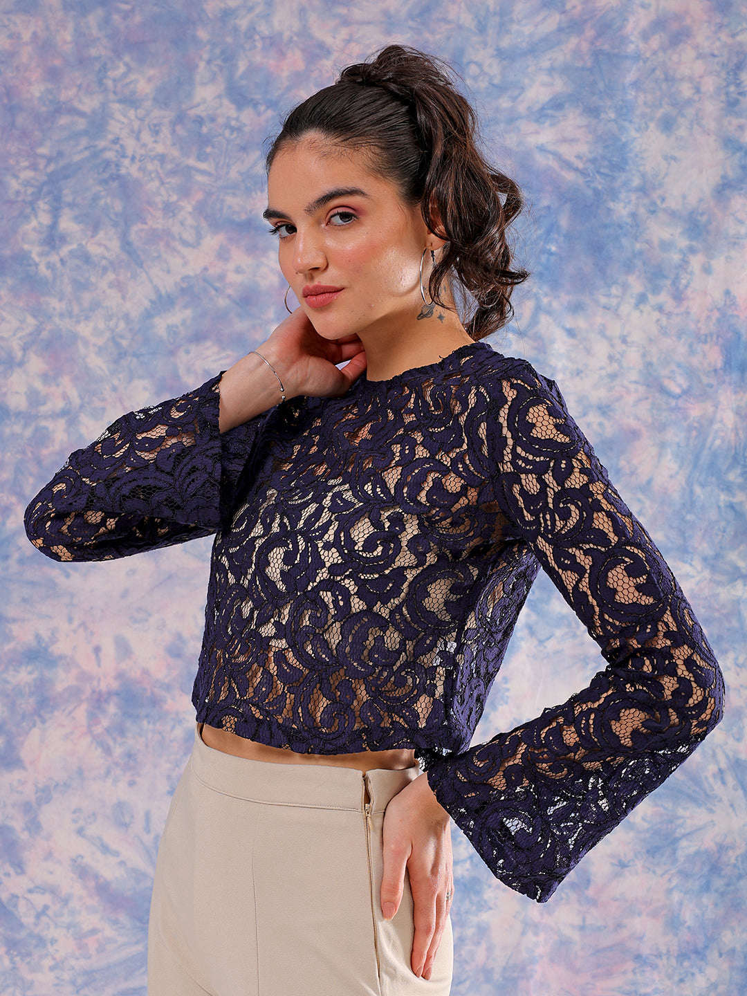 Shop Freehand Women Blue Regular Lace Round Neck Crop Top Online.