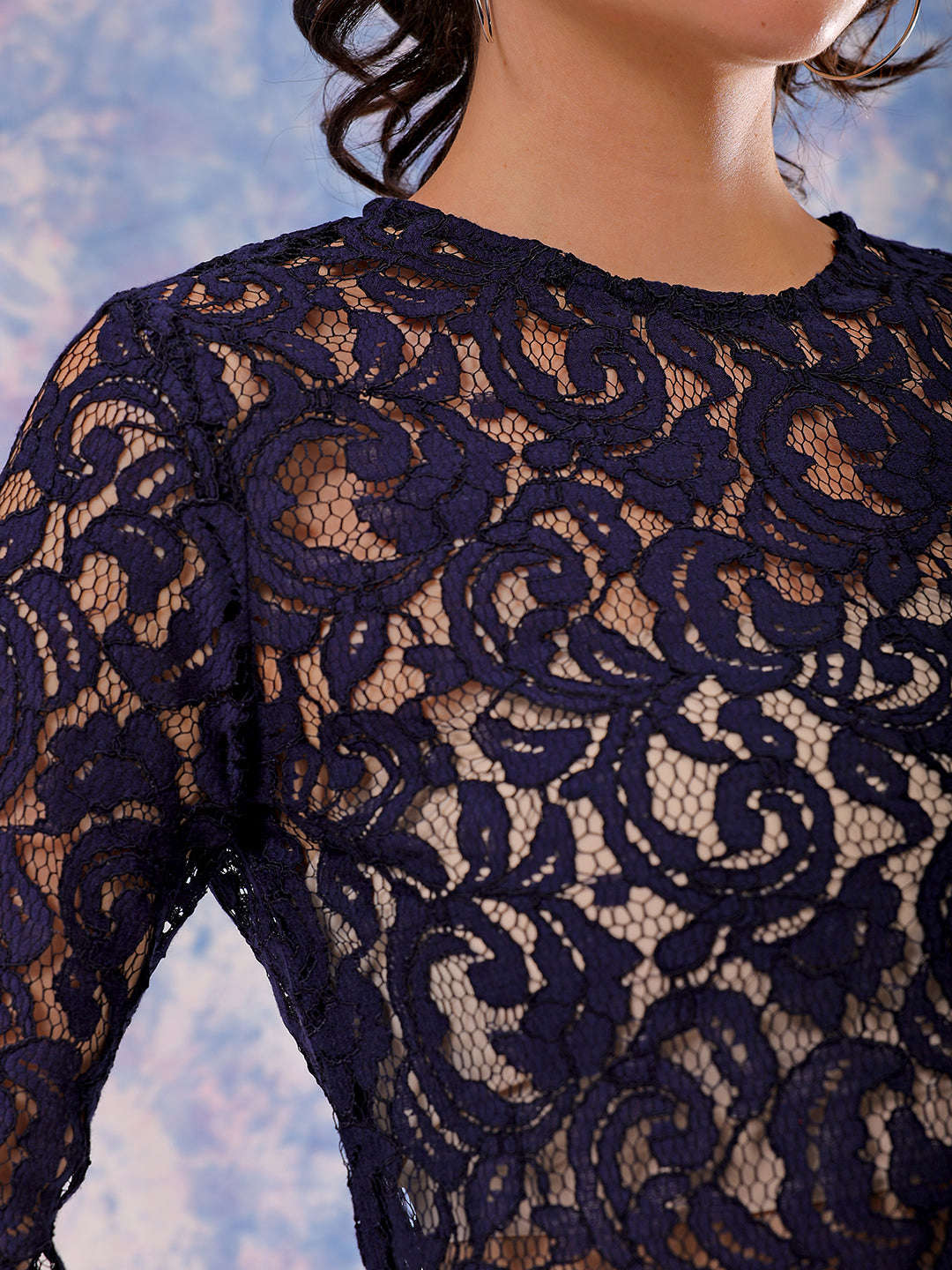 Shop Freehand Women Blue Regular Lace Round Neck Crop Top Online.