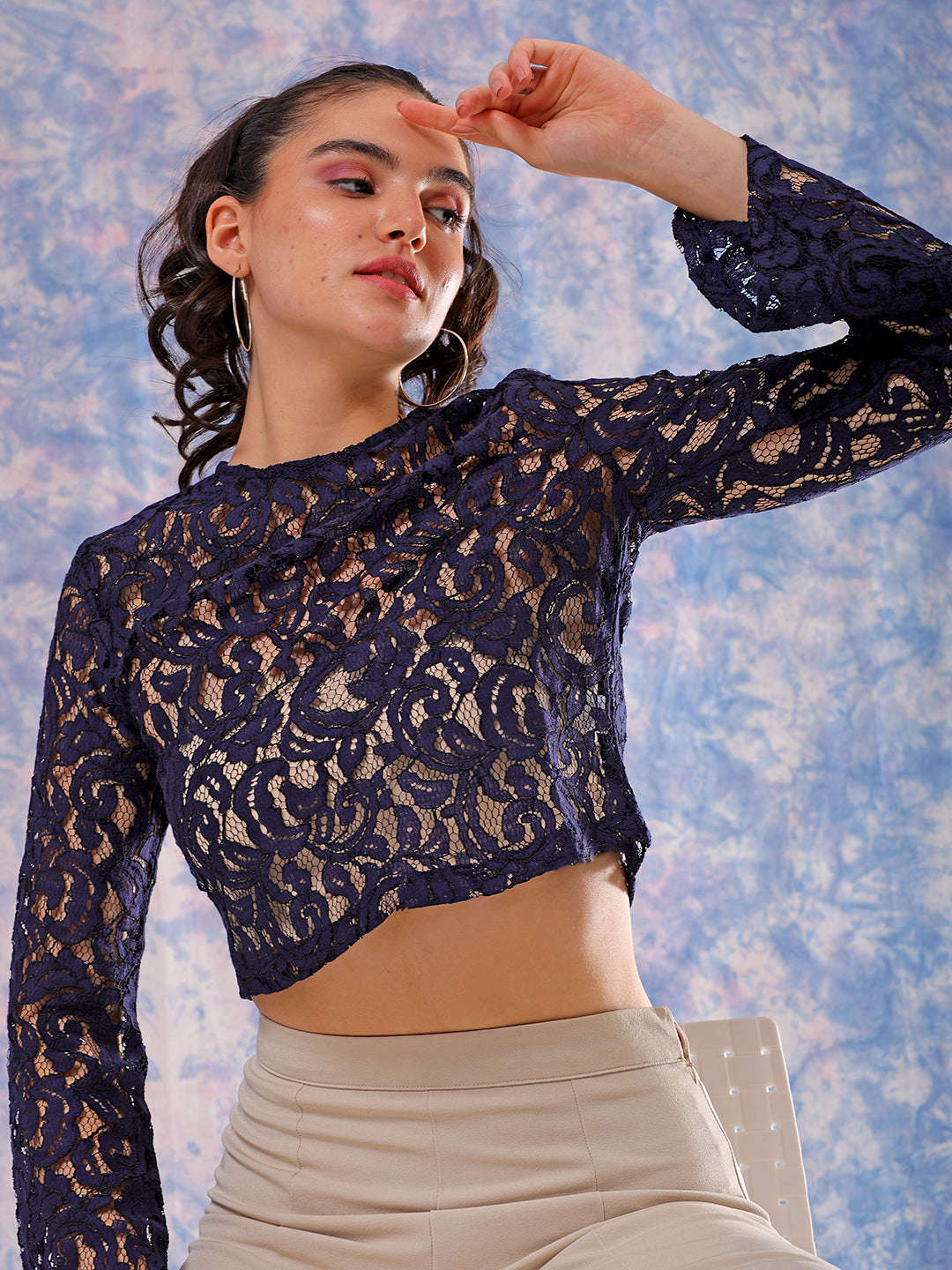 Shop Freehand Women Blue Regular Lace Round Neck Crop Top Online.