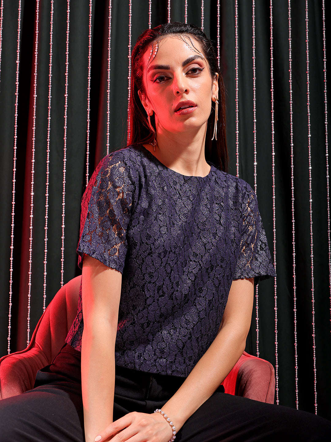 Shop Freehand Women Blue Regular Lace Round Neck Regular Top Online.