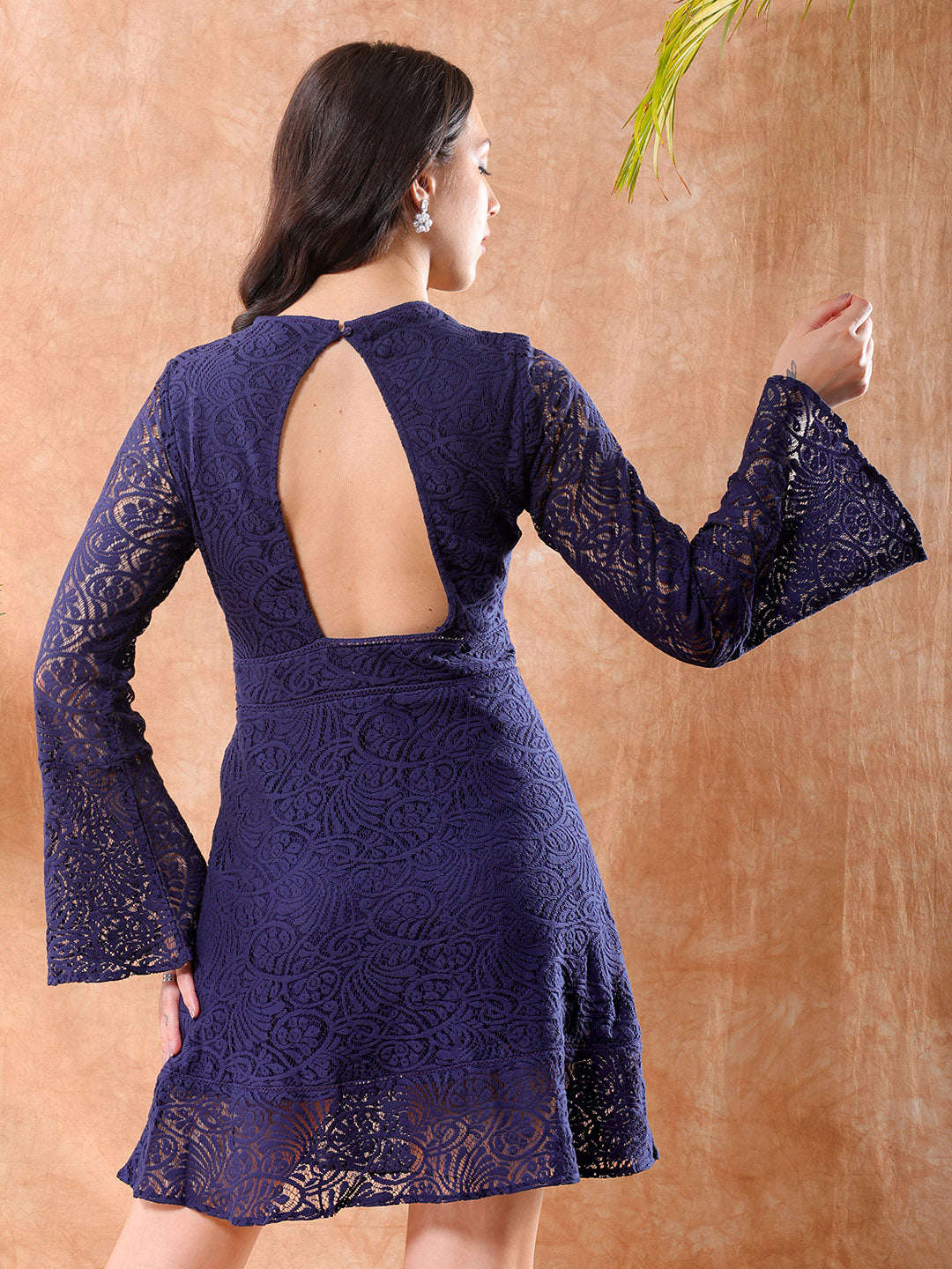 Shop Freehand Women Blue Regular Lace Round Neck Skater Dress Online.