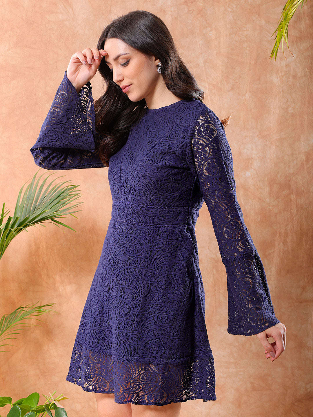 Shop Freehand Women Blue Regular Lace Round Neck Skater Dress Online.