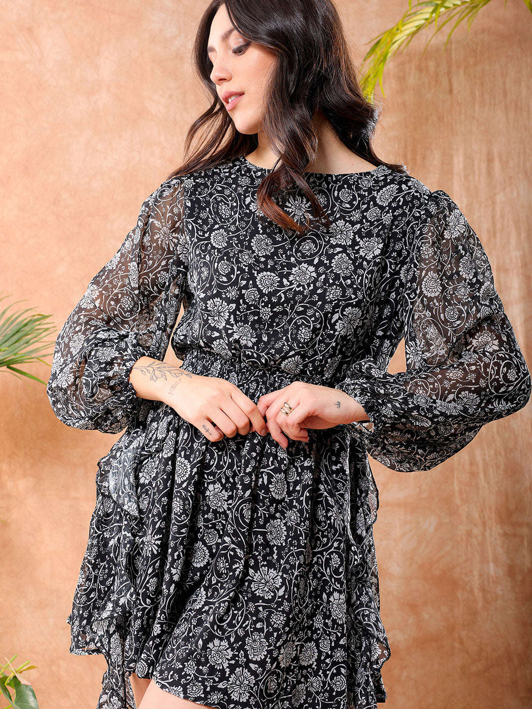 Shop Freehand Women Brown Fit and Flare Floral Round Neck Partywear Mini Dress Online.