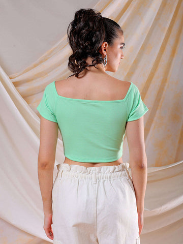 Shop Freehand Women Green Fitted Solid Sweetheart Neck Off Shoulder Top Online.