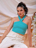 Shop Freehand Women Green Fitted Solid V-Neck Crop Top Online.