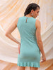 Shop Freehand Women Green Fitted Textured Round Neck Ruffle Dress Online.