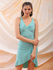 Shop Freehand Women Green Fitted Textured Scoop Neck Partywear Ruffle Dress Online.