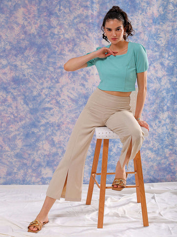 Shop Freehand Women Green Fitted Textured Square Neck Crop Top Online.