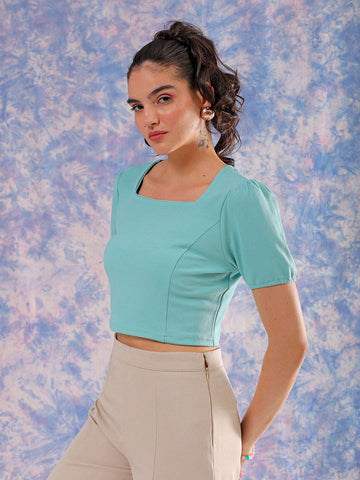 Shop Freehand Women Green Fitted Textured Square Neck Crop Top Online.