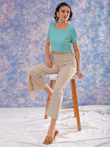 Shop Freehand Women Green Fitted Textured Square Neck Crop Top Online.