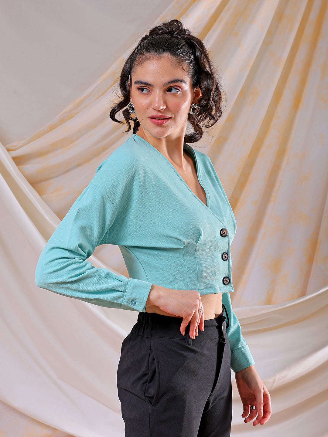 Shop Freehand Women Green Fitted Textured V-Neck Button down top Online.